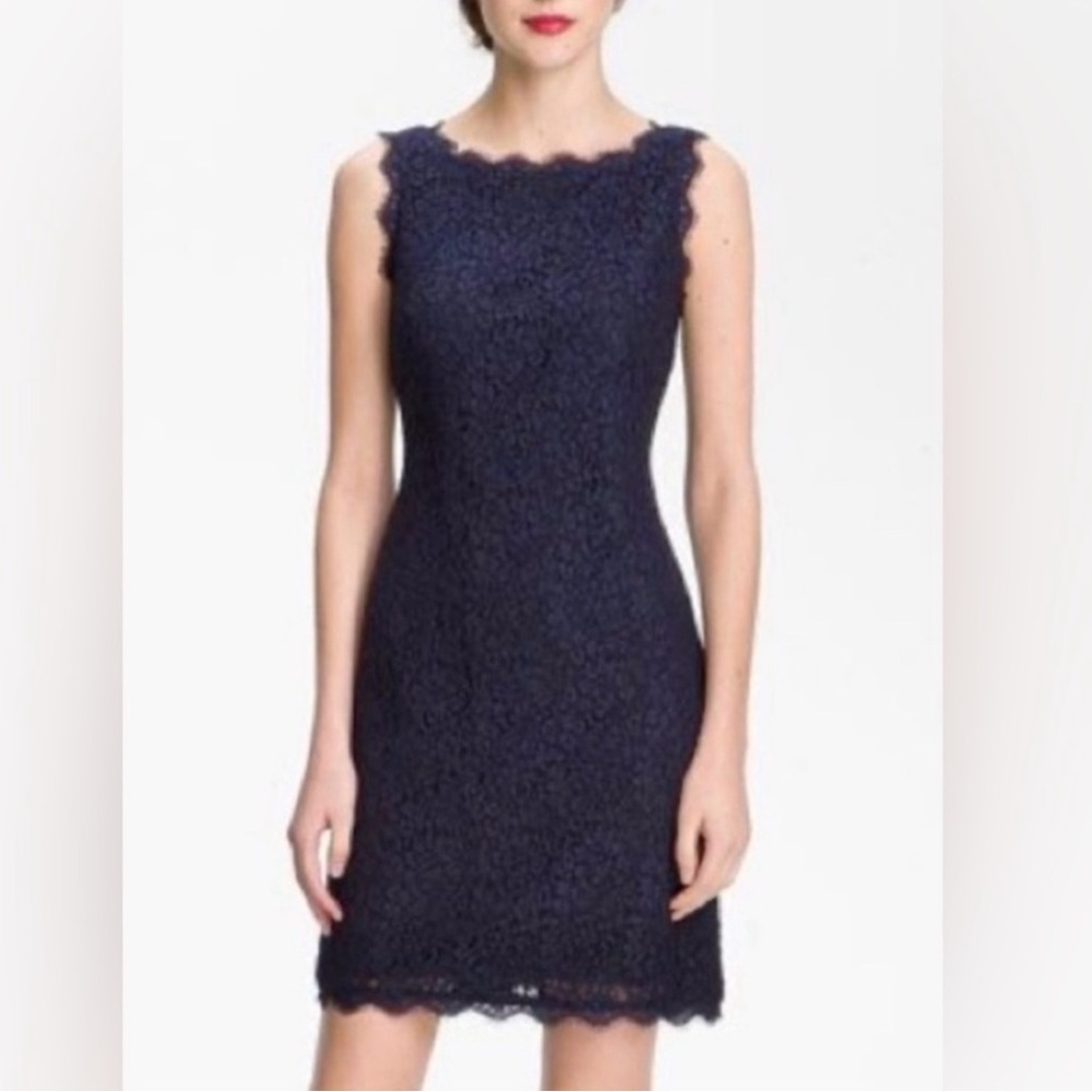Adrianna Papell Sleeveless Scalloped Lace Sheath Mini Dress Navy Blue Size 6